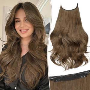 KooKaStyle Invisible Wire Hair Extensions Long Straight Layered Synthetic with Transparent Wire Adjustable Size 6 Secure Clips Hairpieces for Women 20 Inch (20 Inch, COCOA#)