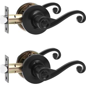 2PK Matte Black Door Handles Interior, Reversible Square Door Levers Knob for Hallway, Bedroom, Bathroom (with Lock, Privacy)