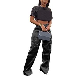 YOOTIKO Women's Satin Cargo Pants Y2K High Waisted Straight Wide Leg Trousers with Pockets Streetwear, XXL