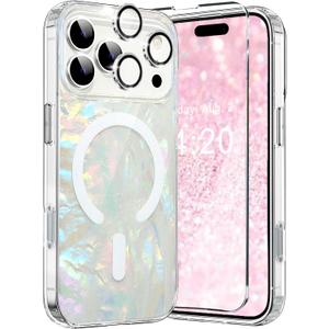 Case Compatible iPhone 17 Pro Max MagSafe Iridescent Glitter Sparkly,Opal Pearly Bling Magnet Translucent Case +1 Screen 1 Camera Cover for Women Girl iPhone 17 Pro Max 6.9"(Colorful Cloud)