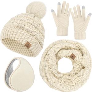Winter Hat Scarf Gloves and Ear Warmer, Warm Knit Beanie Hat Touch Screen Gloves Set Winter Gifts Neck Scarves for Women (Beige)