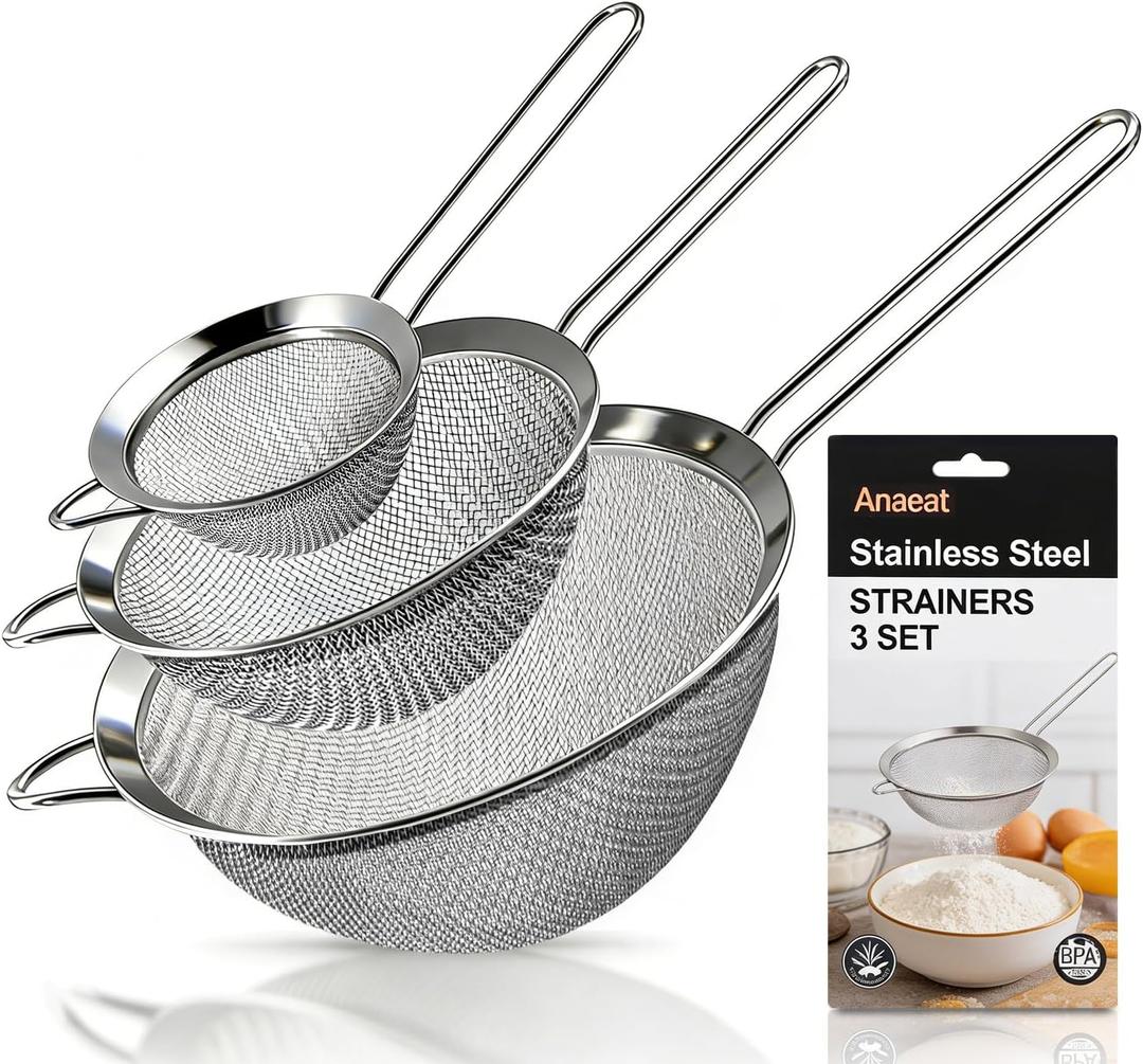 Anaeat Fine Mesh Strainers - Premium Stainless Steel Colander Sieve Sifters, with Durable Mesh and Sturdy Handle, Excellent for Sifting Dry ingredients, Flour, Pastas, Rice, Tea (2.8"+4.73"+7.09")