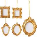 5 Pcs Mini Gold Photo Frames with Hook and Rope Resin Small Vintage Picture Frame Baroque Wall Hanging Picture Display Decoration for DIY Refrigerator Christmas Tree Home Ornaments, 5 Style