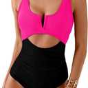 HXN Women's One Piece Swimsuit Tummy Control Bathing Suit Color Block Cutout Slimming Swim Suit Swimwear 2025, M
