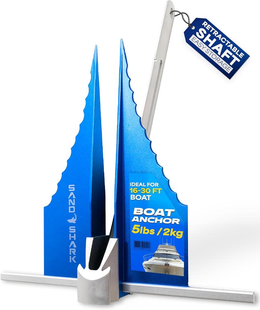SandShark Premium Fluke Anchor-Retractable Shaft for Easy Storage-Aluminum Pontoon Boat Anchor for Boats to 30 ft-Under 5lbs. Must Have Sand Anchor for Boat, Boat Anchor Kit, Pontoon Boat Accessories