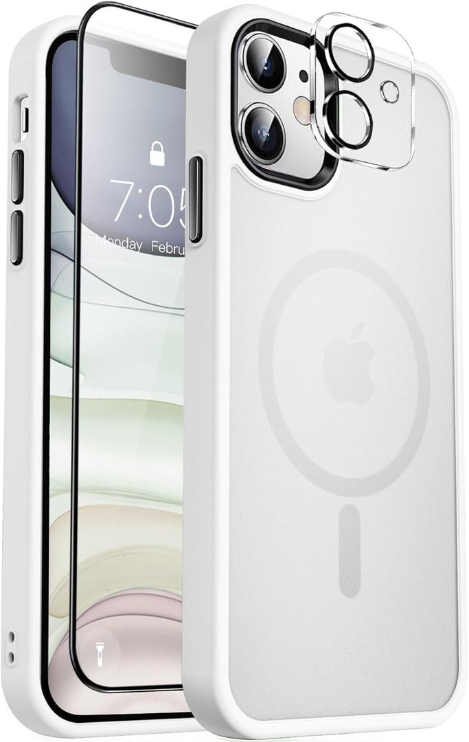 MOCCA Strong Magnetic for iPhone 11 Case,[Compatible with Magsafe][Glass Screen Protector+Camera Lens Protector] Slim Thin Shockproof Cover Case for iPhone 11 6.1 inch, Frosted White