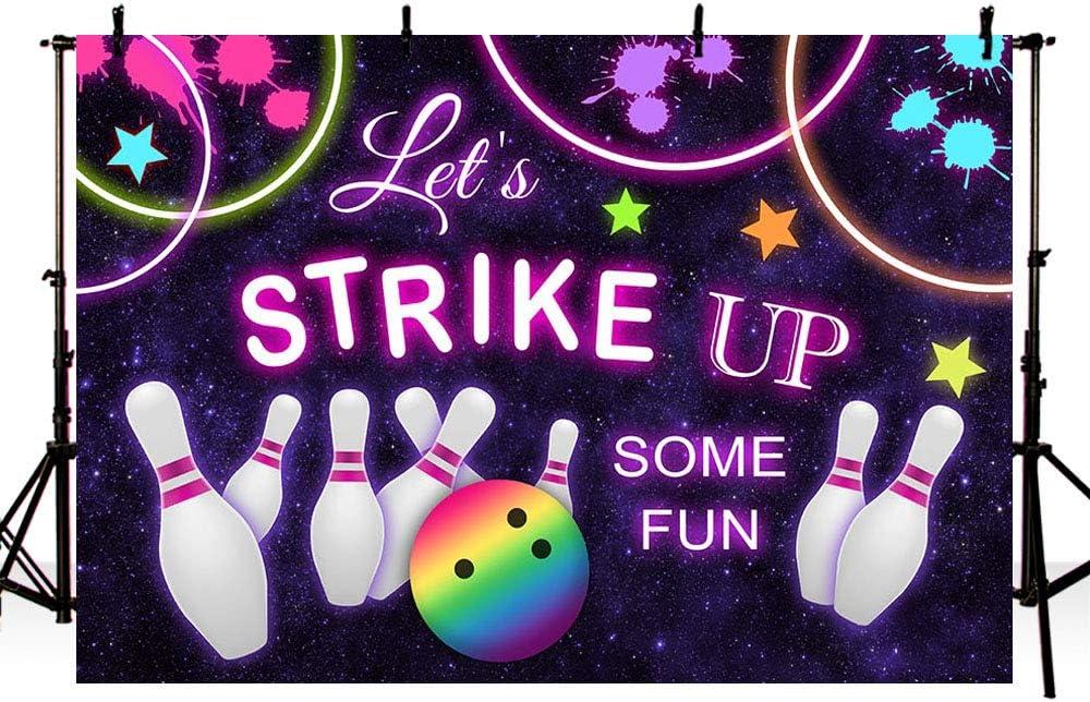 MEHOFOTO Bowling Birthday Photography Studio Backgrounds Let's Strike Up Some Fun Bowling Party Decorations Rainbow Neon Glow Girls Birthday Banner Photo Backdrops 7x5ft