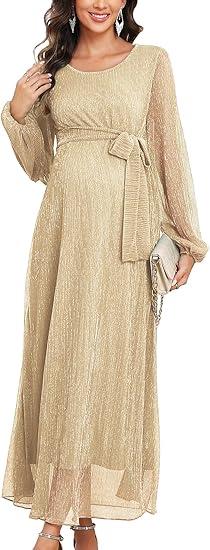 CYCLAMEN 2025 Maternity Sparkly Mesh Maxi Dress Long Sleeves Long Flowy Pregnant Dress with Belt Baby Shower Formal, L
