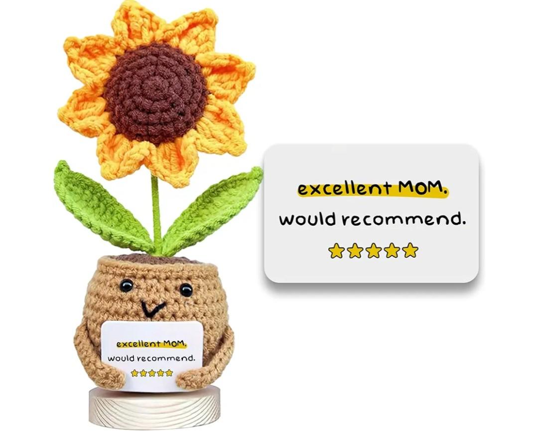 Gossby Gift for Mom from Daughter, Son, Kids - Mother's Day Basket Stuffers - Excellent MOM Would Recommend Sunflower Crochet - Christmas, Birthday Gift Idea for Mama - Knitted Crochet Doll 2 Pack