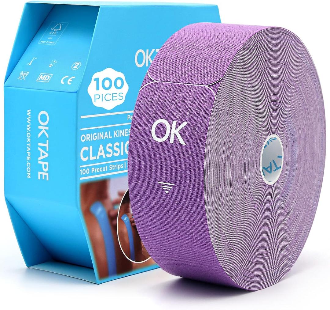 OK TAPE Kinesiology Tape Pre Cut Strips Bulk (100 PCS),Elastic Cotton Latex Free Hypoallergenic Athletic Tape Roll for Muscle Joint Knee,Waterproof k Tape 2in10in/PCS (Purple)