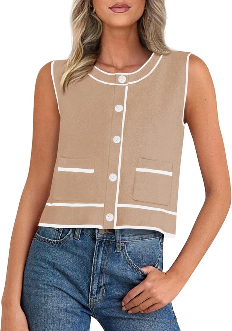 PRETTYGARDEN Vest For Women 2025 Summer Casual Button Down Color Block Sweater Vest Ribbed Knit Tank Tops With Pockets (Beige, M)
