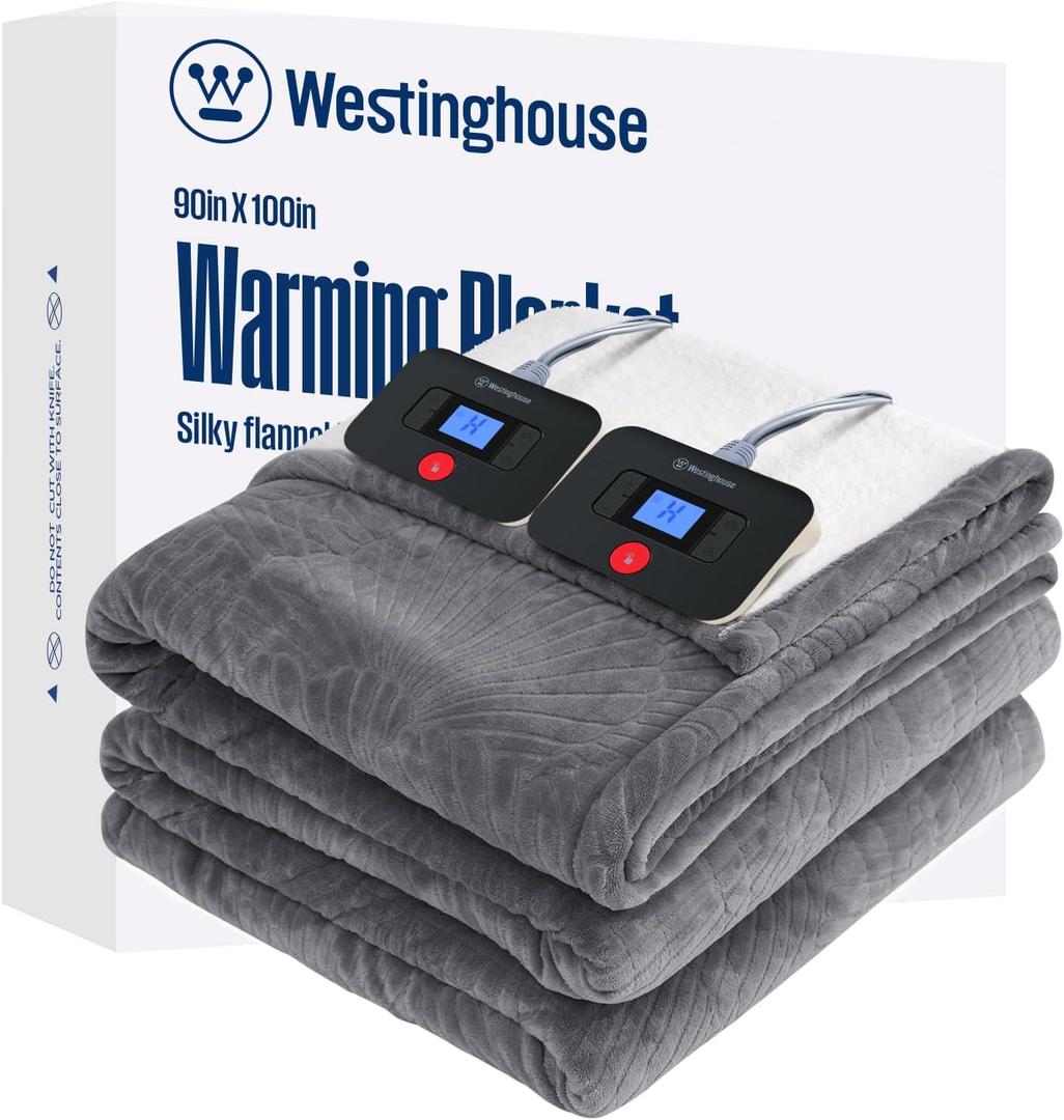 Westinghouse Electric Blanket King, Flower Jacquard Heated Blanket King Size with 10 Heating Levels and 1-12 Hours Auto-Off, Flannel to Sherpa Reversible, Machine Washable, 90" x 100" Inch, Grey