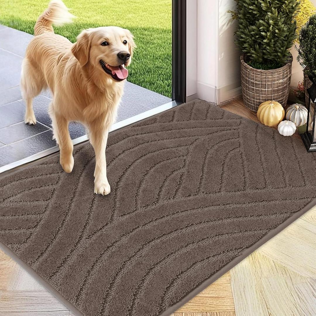 PLEASOR Front Door Mat, Absorbent Dirt Trapper Welcome Door mat Indoor, Non Slip Machine Washable Entryway Rug, Low Profile Doormat, Dog Door Mat for Muddy Paws and Shoes, 32x47, Brown