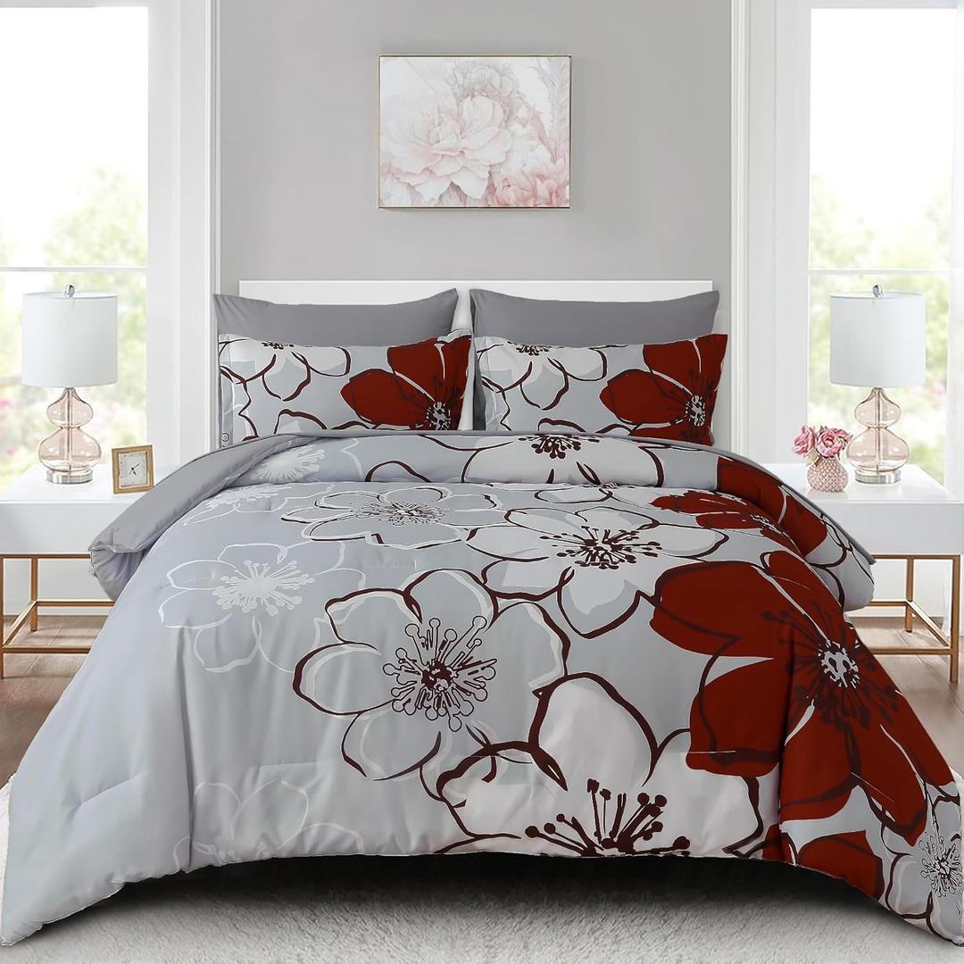 Anibedding 7 Pieces Red Floral Comforter Set King Size, Soft Microfiber Red Grey Bed in a Bag Comforter Set with Sheets for All Season