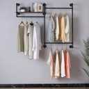 Industrial Pipe Clothing Rack, Wall Mounted Heavy Duty Garment Rack with Wood Shelf, Rustic Metal Closet Organizer for Bedroom, Laundry Room & Retail Store Display, Black, 58”W x 12”D x 46”H
