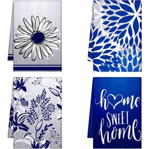 Geyoga 4 Pcs Chicken Kitchen Towels Rooster Dish Hand Towels Farm Animal Cow Vintage Rustic Tea Cloth for Spring Easter Bathroom Farmhouse Decor Gifts, 16 x 24 Inch(Blue, Gray, Floral)