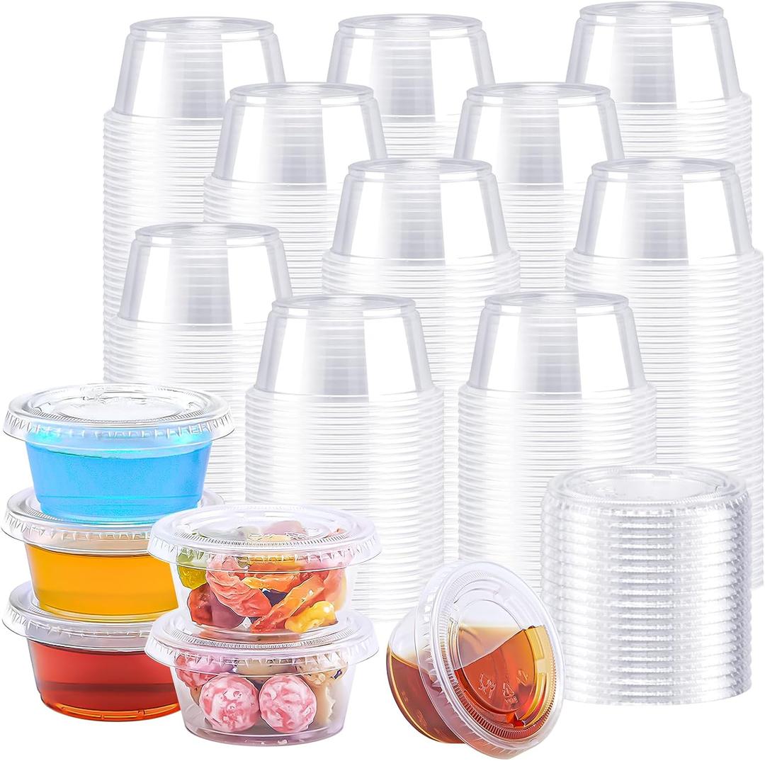 BYSNOW 1000 Sets 2 oz Plastic Jello Shot Cups with Lids, Clear Portion Cups | Small Disposable Condiment Containers, Stackable Souffle Cups, Airtight Sauce Cups for Salad Dressing, Snacks, Meal Prep