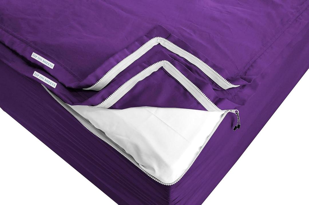 Zip On Sheets Twin Zipper Fitted Sheets - Includes 2 Zip On Sheet & 1 Fitted Sheet Base - 8" to 16" Inch Deep Pocket Twin Size Zipper Sheets - Faster & Easier 600 TC Cotton - Purple