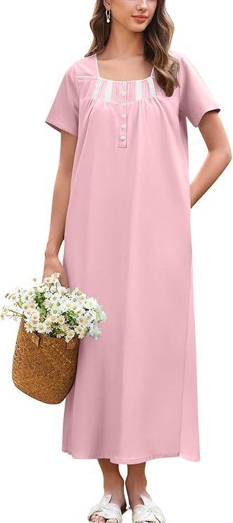 Ekouaer Long Nightgowns for Women Cotton Nightgown Short Sleeve Sleepdress with Pockets Full Length Sleepshirt Pink S