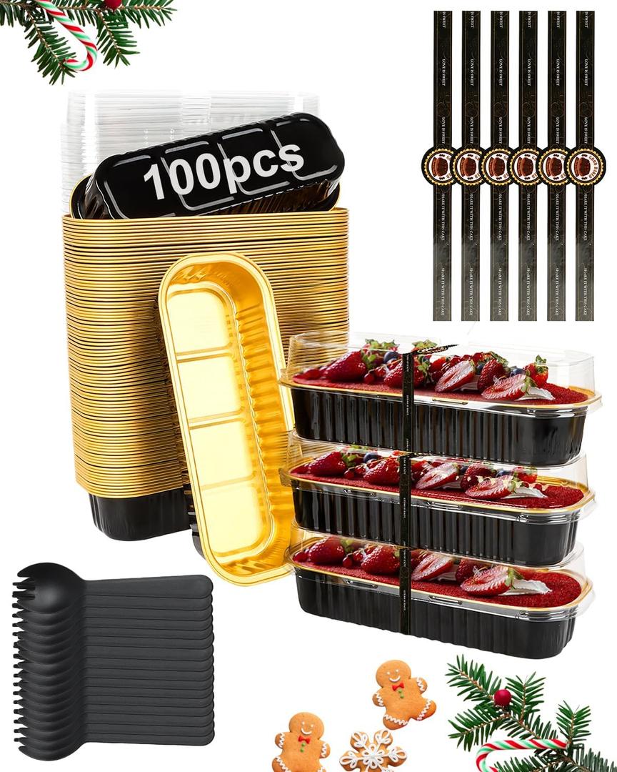 100 Pack Mini Loaf Pans with Lids, Spoons & Stickers  Disposable Aluminum Foil Baking Cake Containers for Oven, Air Fryer & Freezer  Ideal for Cakes, Bread, Pudding, Parties & Gifting, Black