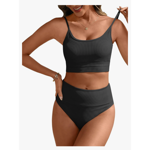 ANRABESS Women High Waisted Bikini Sets Color Block Summer Beach Vacation 2 Piece Bathing Suit Tummy Control Ribbed Swimsuit M