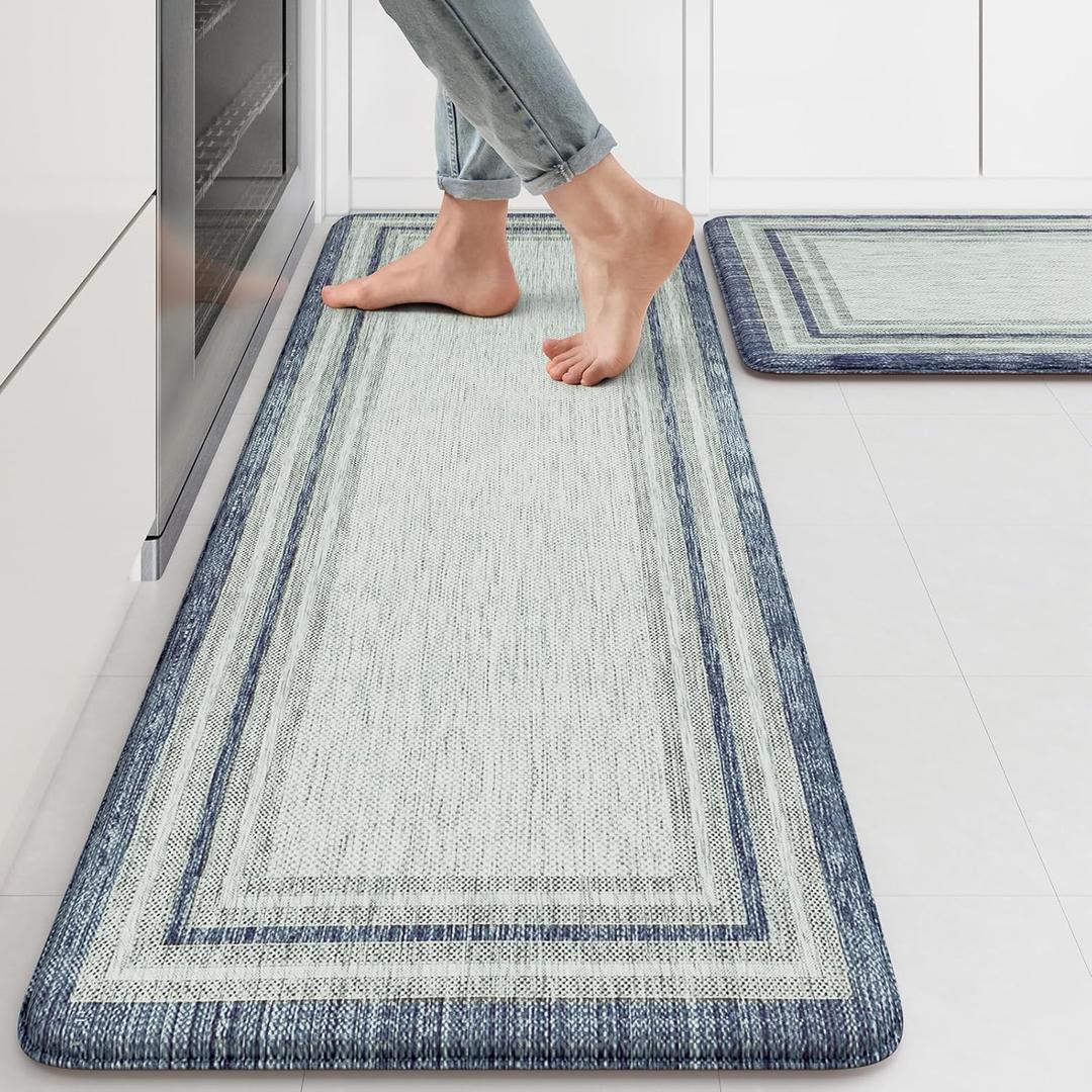 KIMODE Anti Fatigue Kitchen Mat 2PCS,Non-Skid Waterproof Kitchen Rugs,Farmhouse Kitchen Mat for Floor,Cushioned Comfort Foam Standing Mat for Laundry,Office,Sink,Desk,Blue and Gray (17.3" x 47 "+ 17.3" x 29 "--0.47 inches)