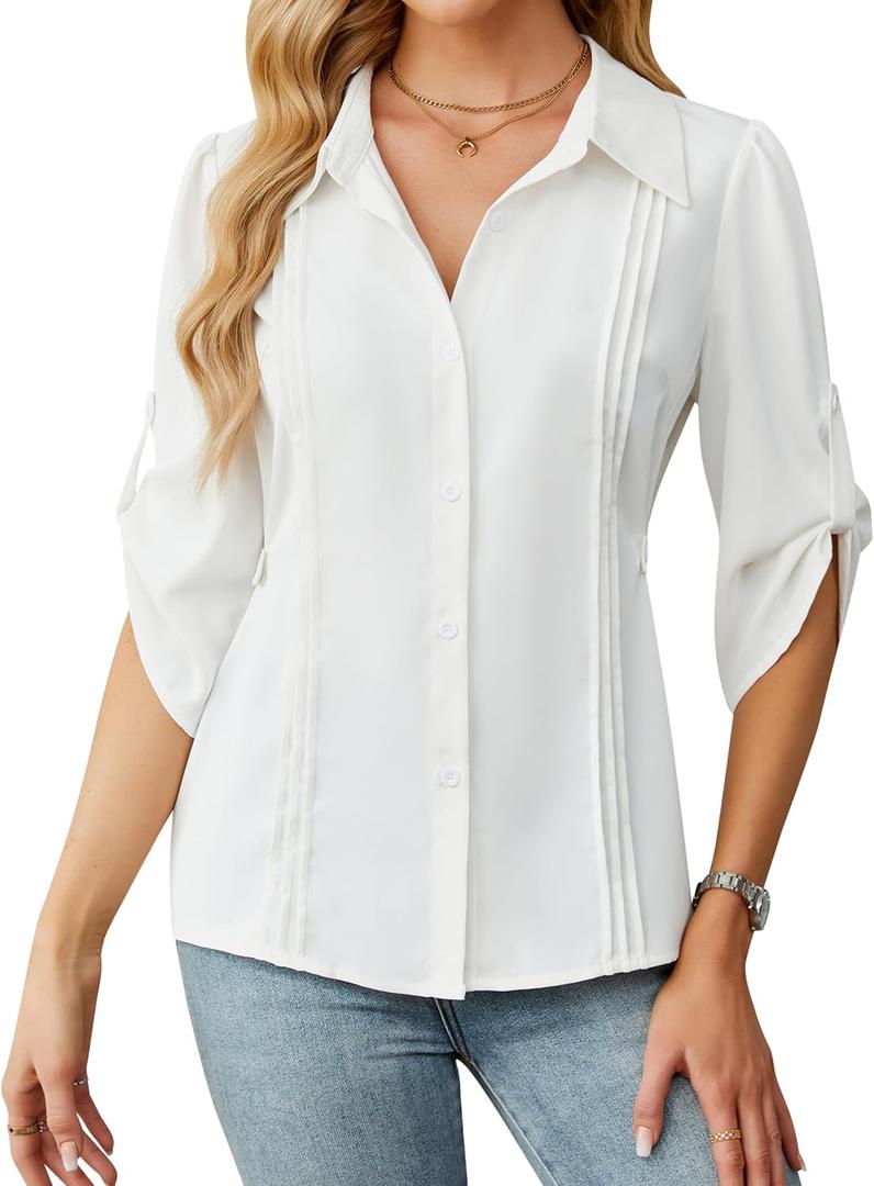 Blooming Jelly Womens Button Down Shirt 3/4 Sleeve Collared Pleated Business Casual Tops Ladies Trendy Summer Work Blouse