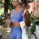 OLCHEE Womens Workout Sets 2 Piece Seamless Square Neck Sports Bra Padded Butt Lifting Leggings High Waist Yoga Gym Outfits (Blue, M)