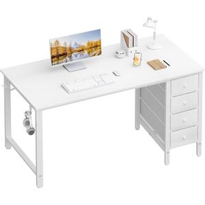 Lufeiya White Computer Desk with Drawers - 55 Inch Long Study Work Writing Desk for Home Office Bedroom, Reversible Simple Modern Cute PC Desks with Fabric Drawer, White (55.1", Warm White)