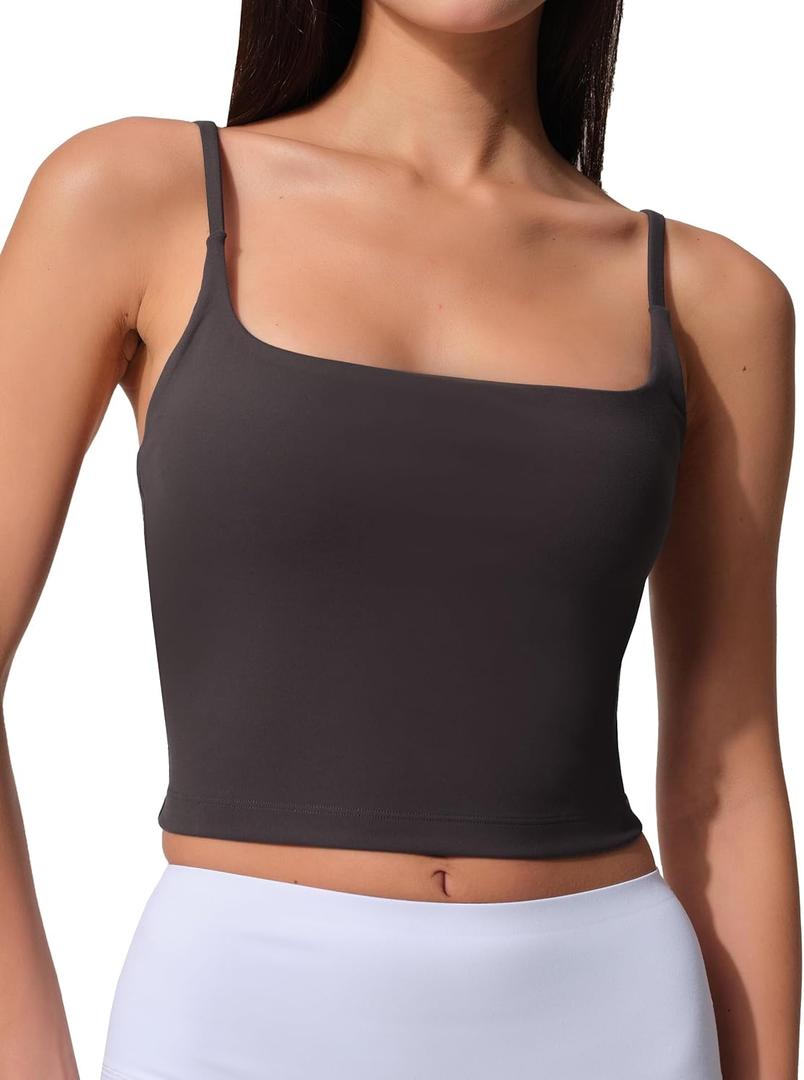 Womens Scoop Neck Longline Sports Bra U Back Adjustable Strap Double Lined Workout Crop Tank Top with Built in Pads (Large, Graphite Grey)