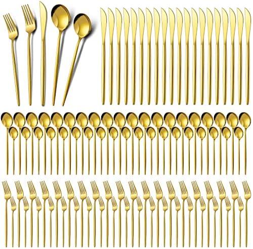 Amyhill 400 Pcs Gold Stainless Steel Utensils Set Party Tableware Flatware Set for 80 Guests Reusable Dinner Cutlery Utensils Tableware for Wedding Anniversary Party Home Restaurant