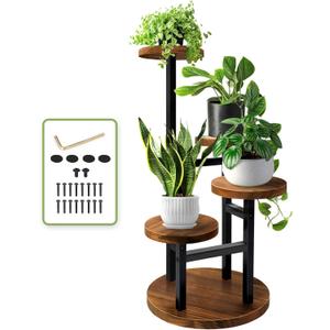 AUGOSTA 4 Tier Corner Plant Stand, Tall Metal Wood Plant Shelf Holder for Indoor, Outdoor Display Rack Flower Pot Stand for Living Room Balcony Garden Patio (Brown Black)