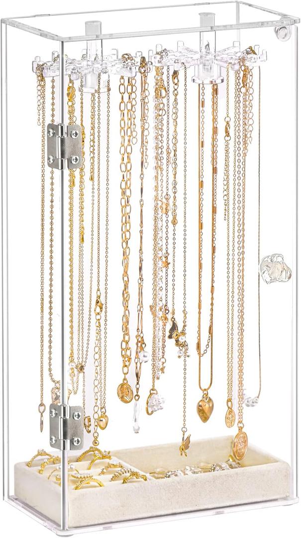 Necklace Holder, Acrylic Necklace Organizer, Rotatable Clear Jewelry Holder Organizer Display Case for Long Necklaces Pendant Bracelets, Jewelry Holder Box with Velvet Tray for Rings Earrings