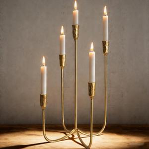 Iron Tabletop Candelabra, Hand-Forged 5-Candle Cast Iron Candle Holder with Elegant Muted Vintage Gold Finish for Dining Room, Living Room, Mantel
