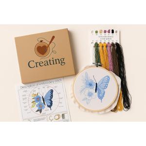 Butterfly Embroidery Kit, Complete DIY Needlework Set with Pattern, Hoop, Threads and Instructions- Home Wall Decortr Art Project