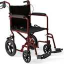 Medline Lightweight Foldable Transport Wheelchair with Handbrakes and 12-Inch Wheels, Red Frame, Black Upholstery