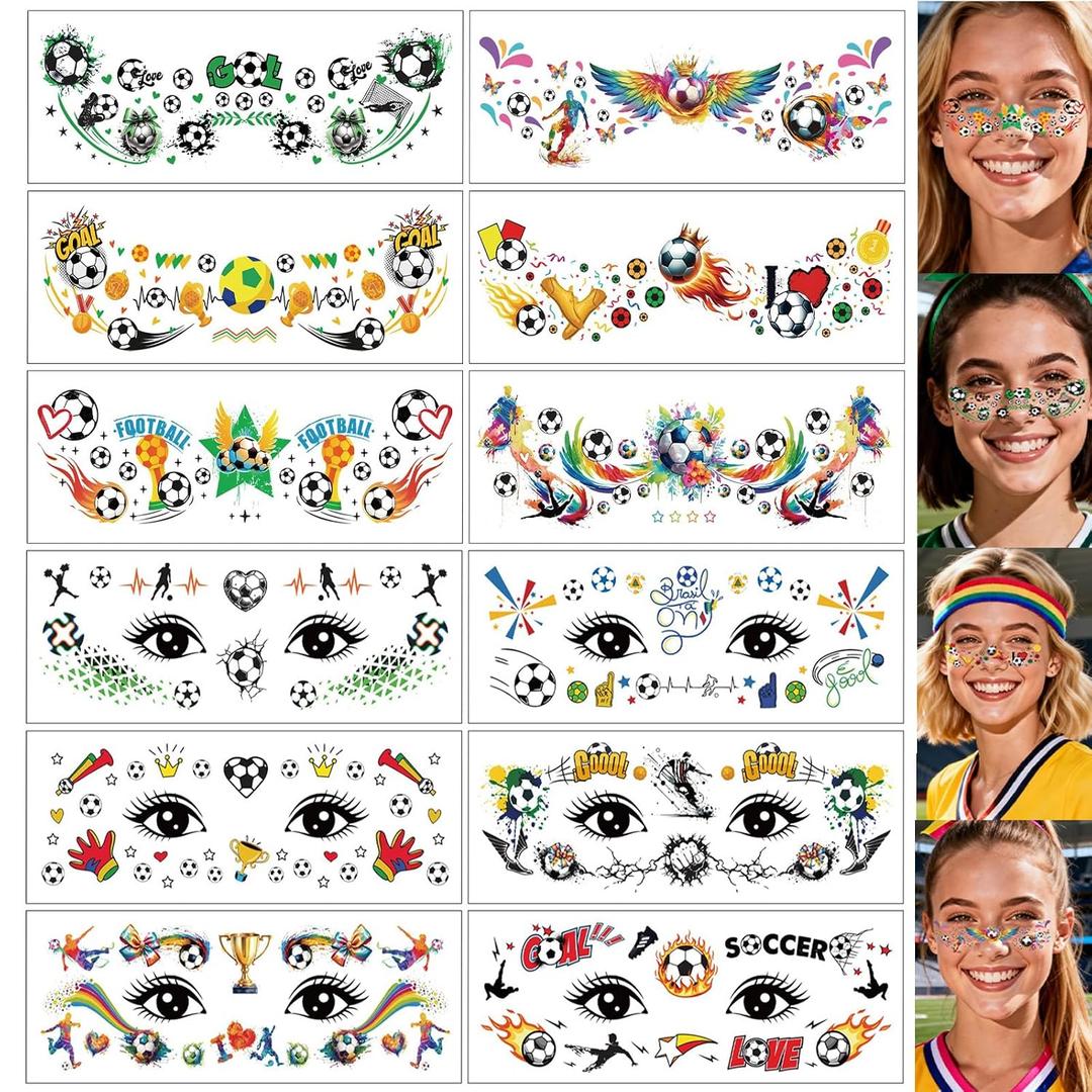 Soccer World Cup Face Paint Tattoos Waterproof Football Eye Temporary Tattoos for Kids Adults, Sports Party Game Day Makeup Stickers