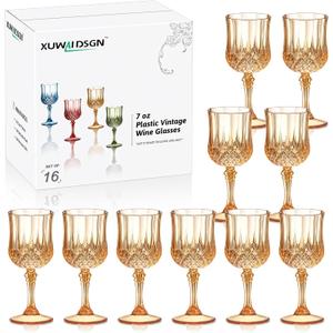 XUWAIDSGN 16 Pcs 7oz Plastic Vintage Wine Glasses Drinking Glasses Unbreakable Wedding Glassware Crystal Water Goblets Reusable Drinkware Vintage Champagne Flutes (16, Amber)