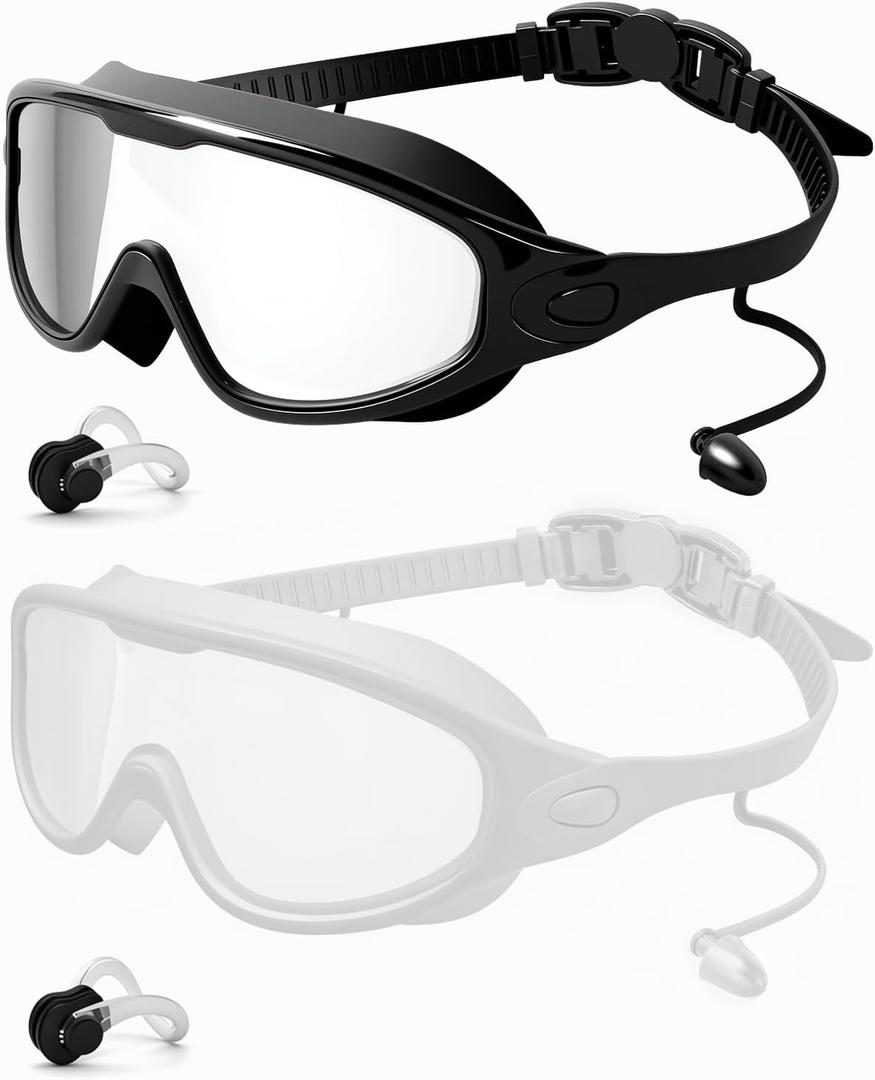 Rantizon Swim Goggles 2 Pack, Wide View Anti Fog&UV Swimming Goggles for Audlt, No Leaking Pool Accessories for Men Women Kid (Large for Adults, Transparent Black & Transparent White)