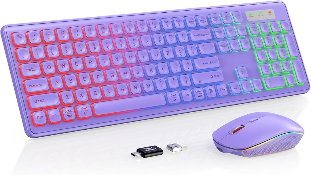 Wireless Keyboard and Mouse Combo, RGB Backlit, Rechargeable & Light Up Letters, FullSize, Soft Typing, Sleep Mode, 2.4GHz Quiet Keyboard Set for Mac, Windows, Laptop, PC, Trueque (Purple)