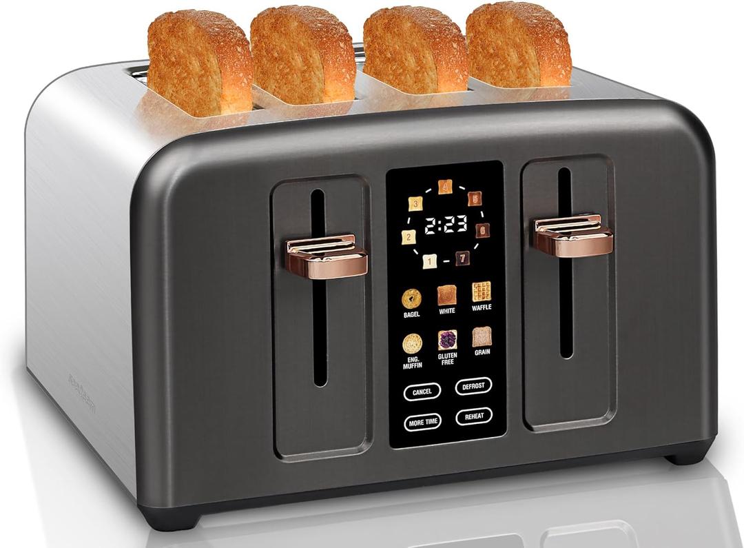 SEEDEEM Toaster 4 Slice, Stainless Toaster & Touch Control, LCD Display, 6 Bread Type, 7 Shade Settings, 1.5'' Wide Slots, Cancel/Defrost/Reheat, Removable Crumb Tray, 1800W, Dark Metallic (Grey)
