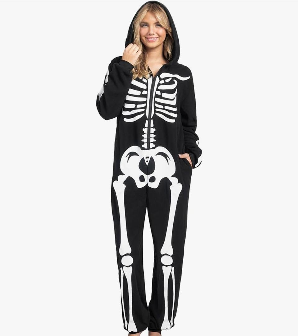 Spooktacular Creations Halloween Skeleton Jumpsuit Adult Skeleton Costume Hooded Jumpsuit Cosplay Costume Sleepwear Homewear XL