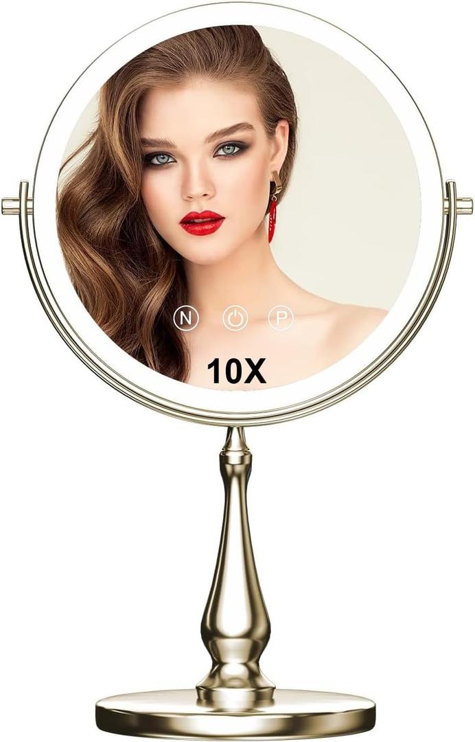 9 "Large Light Makeup Mirror, 1x / 10x True HD Magnifying Mirror, 3-Color Light dimmable, 2 Rechargeable Makeup Mirrors 360 Rotation, Standing Desk Makeup Mirror, Brush Nickel (14.2"L x 8.7"W)