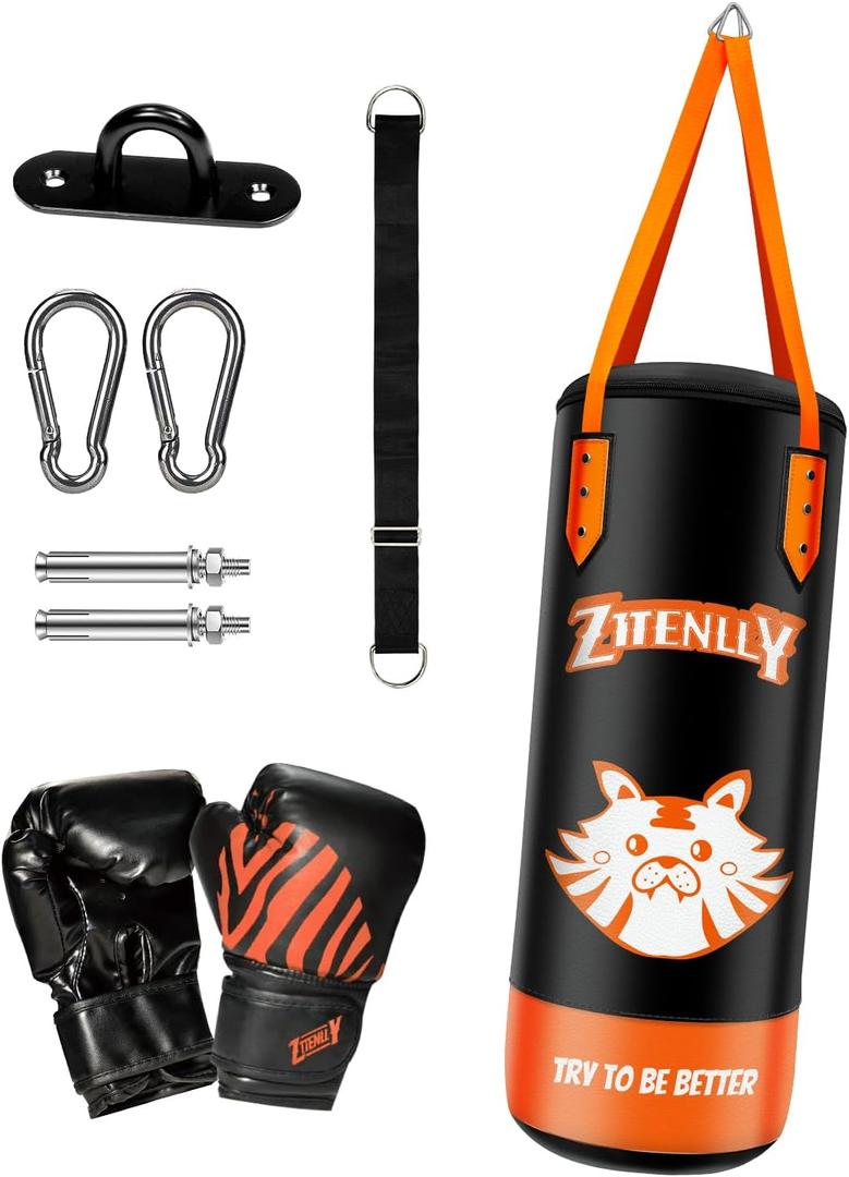 Kids Punching Bag with Gloves - PU Leather & Adjustable Height Strap - Boxing Bag Set for 3-8 Years Kids Great for Boxing, MMA, Kickboxing (Orange-Unfilled)