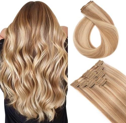 Hairro 24 Inch Long Ombre Brown Mix Bleach Blonde Clip in Hair Extensions 100% Human Hair Thin Straight Human Hair Clip on Hairpieces 80g Machine Weft 8pcs 18 Clips for Women