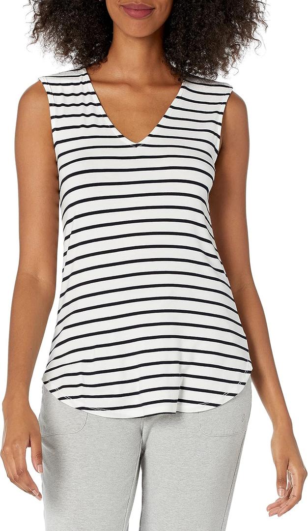 Amazon Essentials Womens Jersey Standard-Fit V-Neck Tank Top (XX-Large, Black White Stripe)