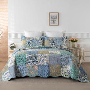 YAYIDAY Oversized King Bedspreads Patchwork Quilt Set (120x118 Inch) - 100% Cotton Reversible Breathable Floral Quilted Coverlet with Pillow Shams Fit All Season (Blue Flower)