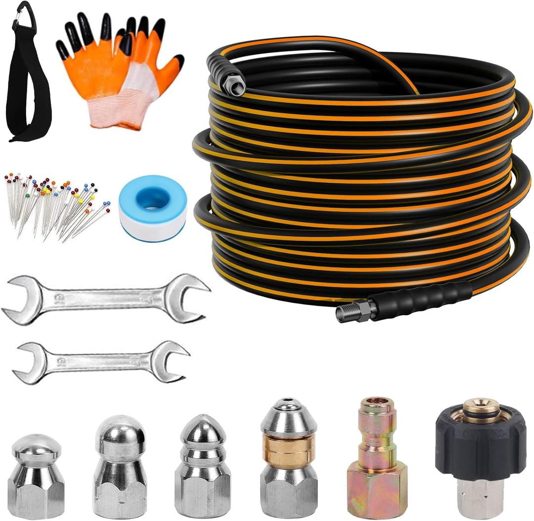 50FT Sewer Jetter Kit for Pressure Washer, 5800PSI Drain Cleaner Hose 1/4 Inch NPT Corner Rotating and Button Nose Sewer Jetting Nozzle Spanner Watertight Tape Pearl Corsage Pin Handle Strap (Orange)