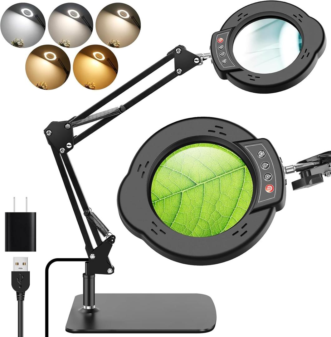 10X Magnifying Glass with Light and StandReal Glass Lens 5 Color Modes Dimmable LED Lighted Magnifier with Swing Arm Hands Free Magnifying Desk Lamp for Crafts Sewing Painting Reading Close Work
