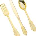 HOMIP 160PCS Gold Plastic Silverware Set Disposable Utensils -Include 80 Forks,40 Knives,40 Spoons -Heavyduty Cutlery Set for Vintage Wedding Party and Daily Use